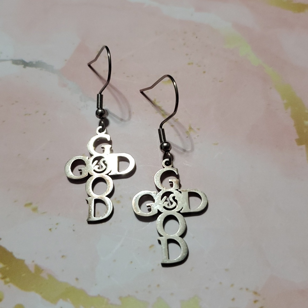 Stainless Steel "GOD" Cross Dangle Earrings – Bold Faith Statement
